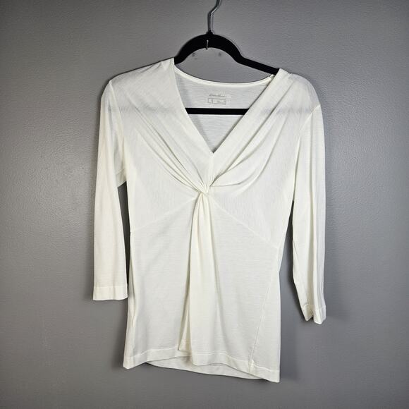 Eddie Bauer Twist Front Blouse V Neck Ivory Womens Size Small Strech Shirt - Picture 1 of 5